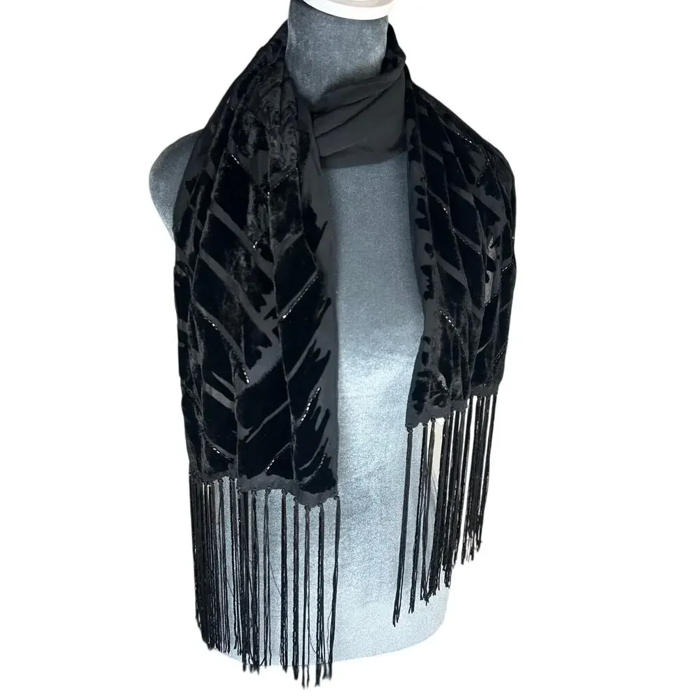 Vtg Shawl -58x 9.5”Crushed Burnout- Black beaded tassel fringe whimsigoth